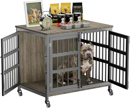 33" Dog Crate Furniture for Medium & Small Dogs with Wheels, Heavy Duty Dog Cage, Indoor Puppy Crate, Wooden Dog Kennel Table, 32.6" L x 22.8" W x 25.8" H, Decorate House as End Table — Grey