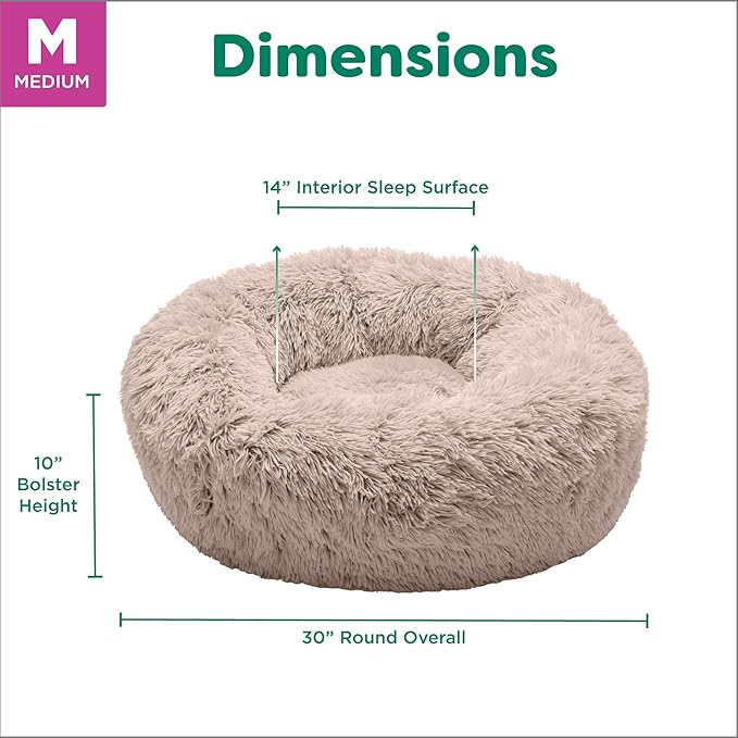 Furhaven 30" Round Calming Donut Dog Bed for Medium/Small Dogs, Refillable w/ Removable Washable Cover, For Dogs Up to 45 lbs - Shaggy Plush Long Faux Fur Donut Bed - Taupe, Medium