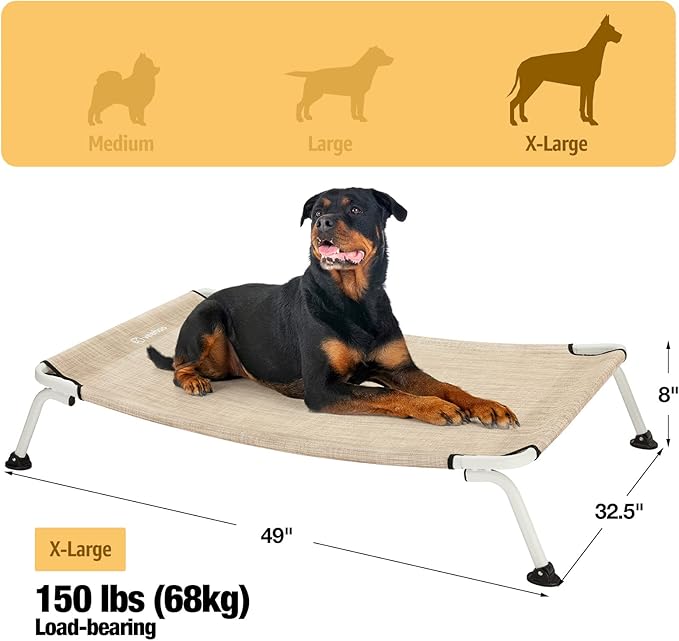 Veehoo Elevated Dog Bed for Outdoor, Cooling Waterproof Raised Dog Cots Beds XL, Curved Off Ground Pet Hammock Cot Lifted for Outside, up to 150lbs, White Legs, Beige 49"