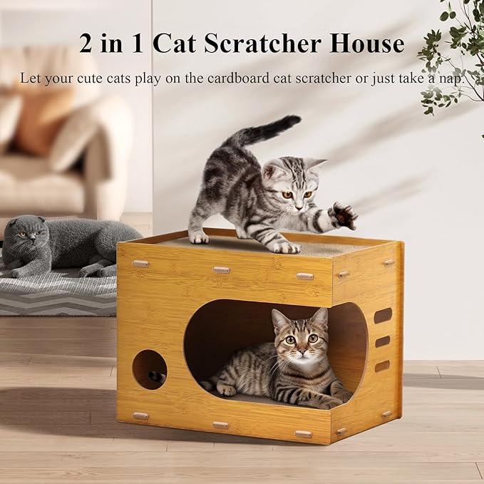 Cat Scratcher House,2 in 1 Cardboard Cat House Durable and Sturdy Cat Scratching Post Cat Scratching Board Cat Scratchers for Indoor Cats, Easy to Assemble,Maximum Load Capacity 66 lbs