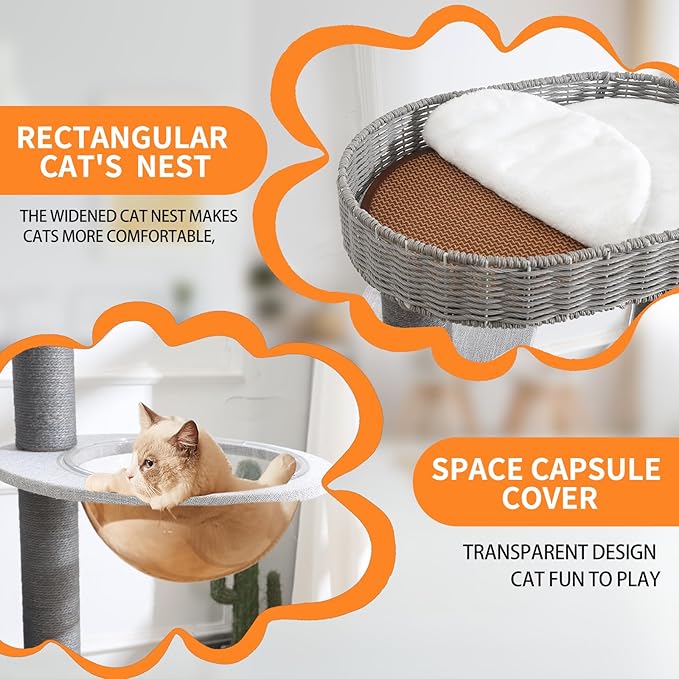 Cat Tree with Cat Scratching Post for Multiple Cats, Natural Wood Cat Tower with Handwoven Sisal Posts, Extra Thick Sturdy Base, Multi-Level Perches and Plush Condos for Indoor Cats (Grey, 50+in)