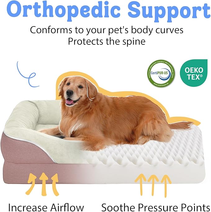Orthopedic Washable Large Dog Bed - Removable Orthopedic Foam Dog Beds with Bolsters Waterproof Large Dogs Bed and Non-Slip Bottom