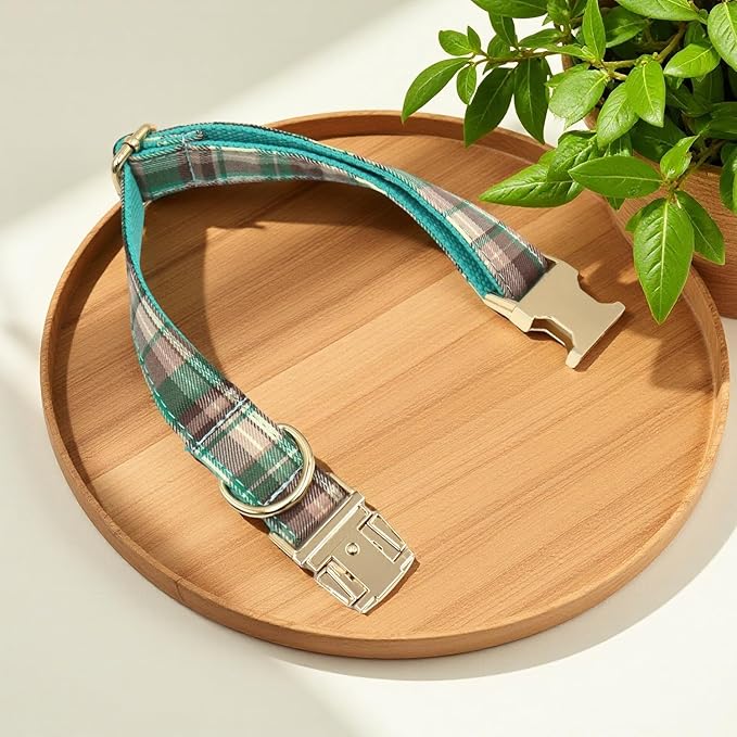 PETDURO Personalized Dog Collar Teal Brown Plaid for Large Medium Dogs | Engraved Name and Phone Number on Gold Metal Buckle for Boys & Girls | Add Leash & Bow Tie via Customize Now