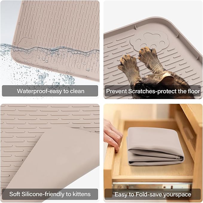 40"x28" Cat Litter Mat Lanstics Cat Mat for Litter Box Large Silicone Litter Box Mat for Kitty Scatter Control Floor Protect (Khaki)