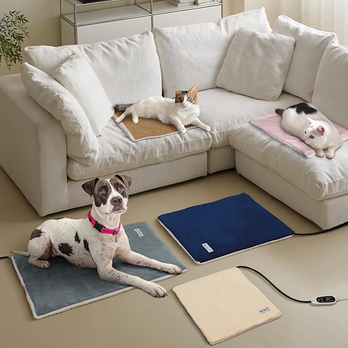 Rest-Eazzzy Heating Pad, Heated Cat Bed with Removable Cover, 5-Level Timer & Temperature, Indoor Warming Mat for Cats & Dogs (Pure-Grey, 2pcs)