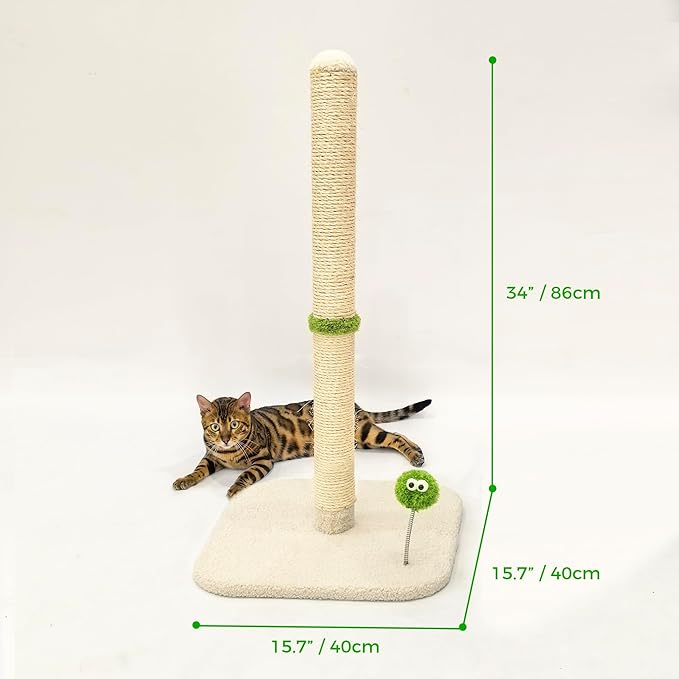 TINYBEAST 34" Tall Cat Scratching Post, Cat Scratcher Featuring Natural Sisal Rope, Cat Tree with Interactive Plush Toy Ball and Stable Base for Indoor Large Adult Cats & Kittens