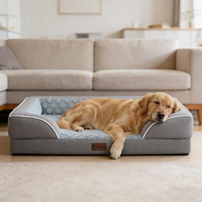 Orthopedic Dog Beds for Large Sized Dogs, Waterproof Memory Foam Large Pet Bed with Sides 36x27Inch, Non-Slip and Egg-Crate Foam Big Dog Couch Bed with Removable Washable Cover, Grey