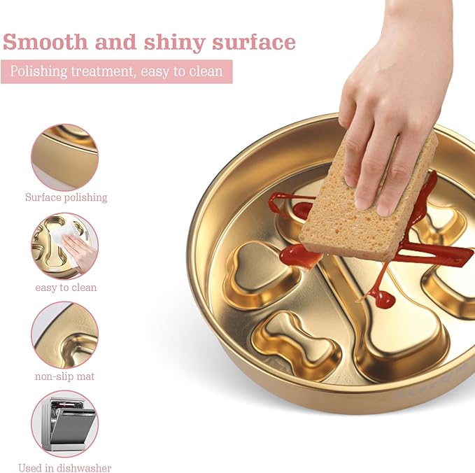 Golden Stainless Steel Slow Feeder Dog Bowls – Non-Slip Metal Dog Bowl for Large & Medium Breeds, Puppy Puzzle Feeder – 2 Cup for Small to Big Pets – Durable Slow Feed Dog & Cat Food Dish with Mat