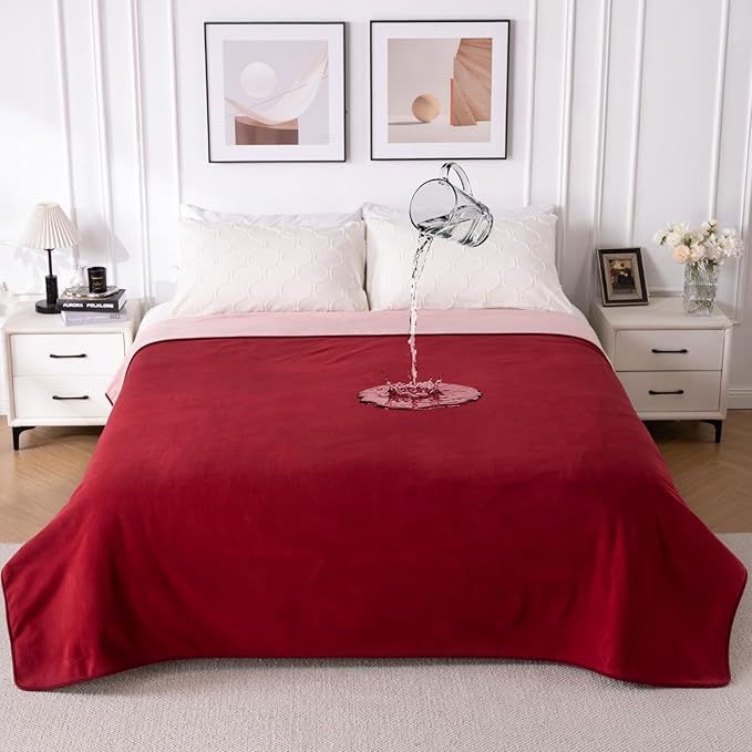 QiyI Waterproof Blanket for Bed King Size, Washable Reversible Bed Cover, Large Leakproof Stain-Resistant Furniture Protector for Travel & Camping, 80"x90", Burgundy/Pink