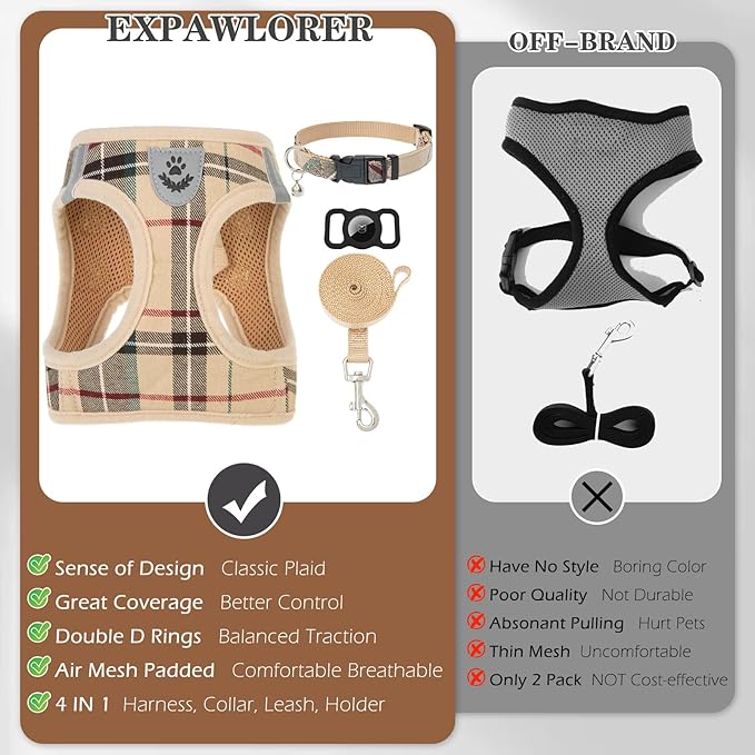 EXPAWLORER Plaid Small Dog Harness and Leash Set with AirTag Holder - Soft Padded Step in Dog Vest Harness Medium Sized Dog, No Pull Reflective Puppy Harness, Collar and Leash for Walking, Khaki L