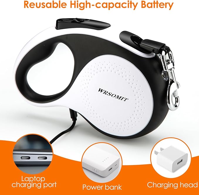 Retractable Dog Leash with Chew Proof Cable and LED Flashlight, 16Ft Heavy Duty Dog Leash for Medium Large Dogs up to 110lbs, 360° No Tangle (White+16ft+LED)