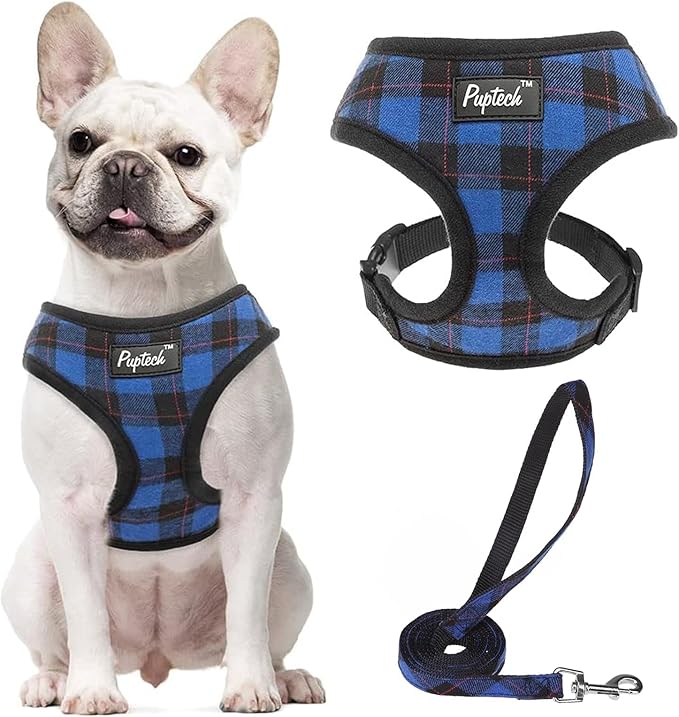 PUPTECK Soft Mesh Dog Harness and Leash Set Pet Puppy Cat Comfort Padded Vest No Pull Harnesses, Navy Blue, S