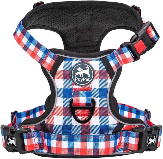 PoyPet Plaid Dog Harness, No Pull Front Clip Pet Vest Harness, Soft Padded Reflective Adjustable Walking Harness with Handle for Large Medium Small Dogs(Checkered Blue, XL)