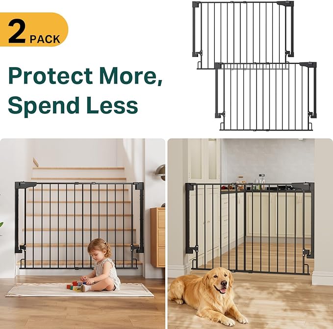 Cumbor 2 Pack 29.2-43" No Bottom Bar Baby Gate for Stairs, 2-in-1 Auto Close Dog Gate Indoor, Hardware Mounted Pet Gate for Doorways with Large Walk Thru Door, Child-Proof Safety Gate for Kids (Black)