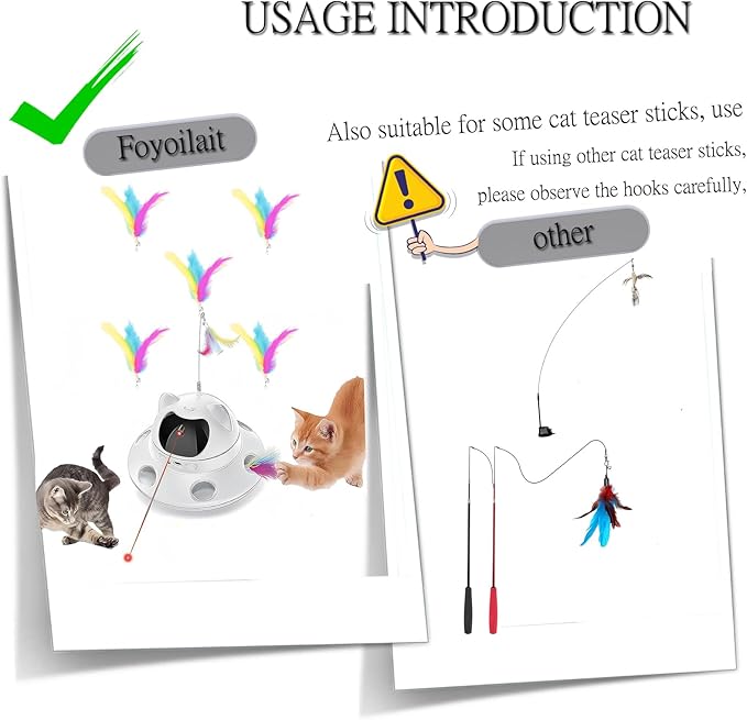 3-in-1 Cat Toy & Interactive Motion-Activated Kitten Toy Wand Feather Accessories — 5-Piece Set of Replaceable Wand Feather Refills, Interactive Teaser Accessories for Cats and Kittens