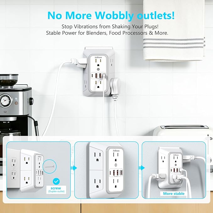 JcBlaon Multi Plug Outlet Surge Protector, Wall Charger with 6 Outlet Splitter with 4 USB Ports(PD 20W), 3-Sided 1050J Surge Protector Power Strip for Home Office Dorm Room Essentials