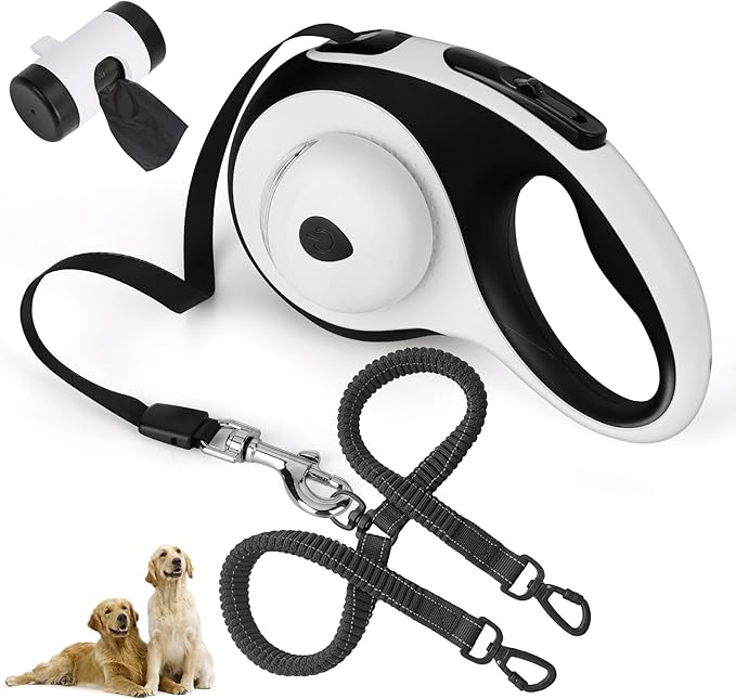 Dual Retractable Dog Leash for 2 Large Dogs (Up to 110LBS Each) - Double Headed Pet Leash with Poop Bags and LED Light, One Button Brake & Lock, 360 Tangle-Free (White, Large)