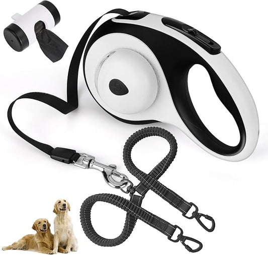 Dual Retractable Dog Leash for 2 Large Dogs (Up to 110LBS Each) - Double Headed Pet Leash with Poop Bags and LED Light, One Button Brake & Lock, 360 Tangle-Free (White, Large)