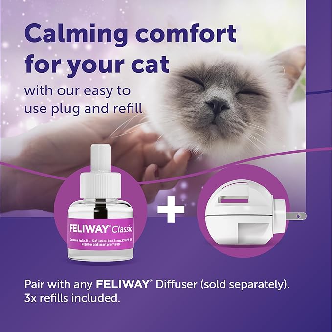 FELIWAY® Classic 3 x 30 Day Cat Calming Refills for Pheromone Diffuser, 3 x 48ml Value Pack - Helps Reduce Common Signs of Stress in Cats & Kittens, Enhanced Calming