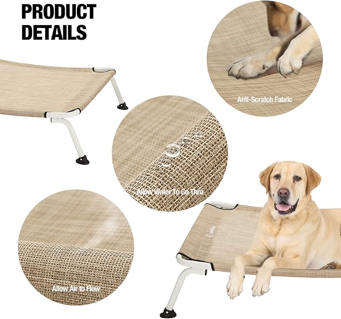 Veehoo Elevated Dog Bed for Outdoor, Cooling Waterproof Raised Dog Cots Beds XL, Curved Off Ground Pet Hammock Cot Lifted for Outside, up to 150lbs, White Legs, Beige 49"