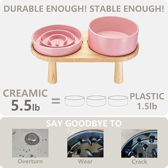Ceramic Slow Feeder and Water Bowl Set for Small Dogs, 6.0inch Ceramic Dog Bowls Elevated with Wooden Stand, 0.6 Cups Dog Slow Feeder(14oz) and 30oz Water Bowl Set, Pink