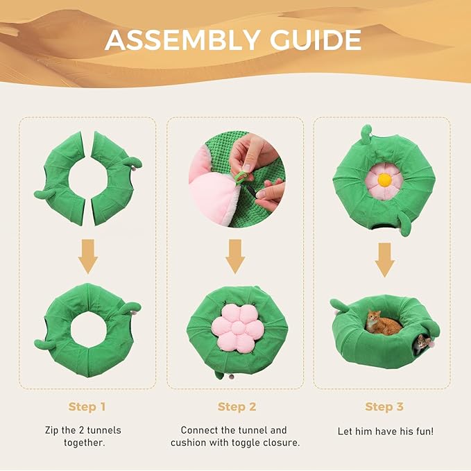 PEQULTI Cat Tunnel, Cactus Cat Tunnel with Flower Bed for Indoor Cats, Cat Donut Tunnel, Round Tube Toys Cute Tube for Kittens, Puppies, Rabbits and Ferrets, Green