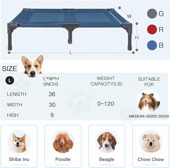 suddus Elevated Dog Bed for Medium Dogs, Dual Support Cooling Cot with Teslin Mesh, Portable Waterproof Pet Bed for Indoor/Outdoor Use, Large, 36x30x7 Inch, Blue