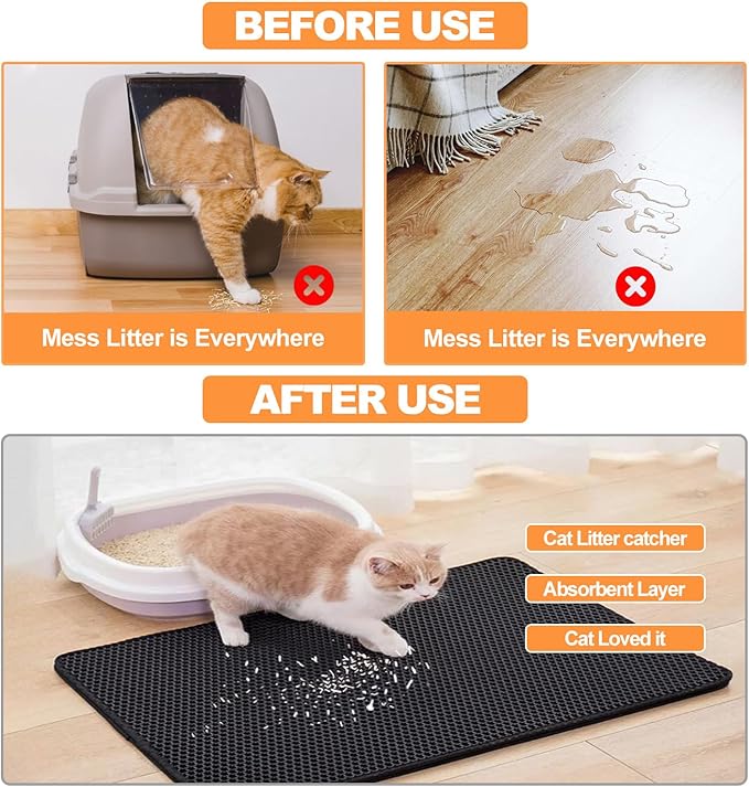 Cat Litter Mat,45"x32" Extra Large Cat Litter Box Mat,Honeycomb Double Layer Kitty Litter Trapping Mat,Soft EVA Material,Urine & Waterproof,Scatter Control,Easy Clean,Washable(Black)