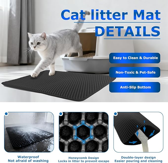 Extra Large Cat Litter Mat Double Layer Trapping Mat Easy-Clean Waterproof Urine Proof(Black 47x28in)
