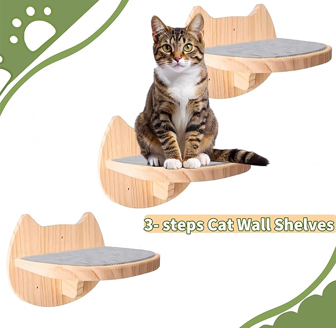 Cat Wall Shelves with 3 Steps - All-in-One Climbing & Resting Furniture, Solid Wood Wide Perch & Hammock for Indoor Cats, Supports up to 25lbs for Small to Large Cats