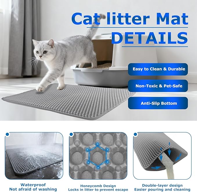 Extra Large Cat Litter Mat Double Layer Trapping Mat Easy-Clean Waterproof Urine Proof(Gray 47x28in)