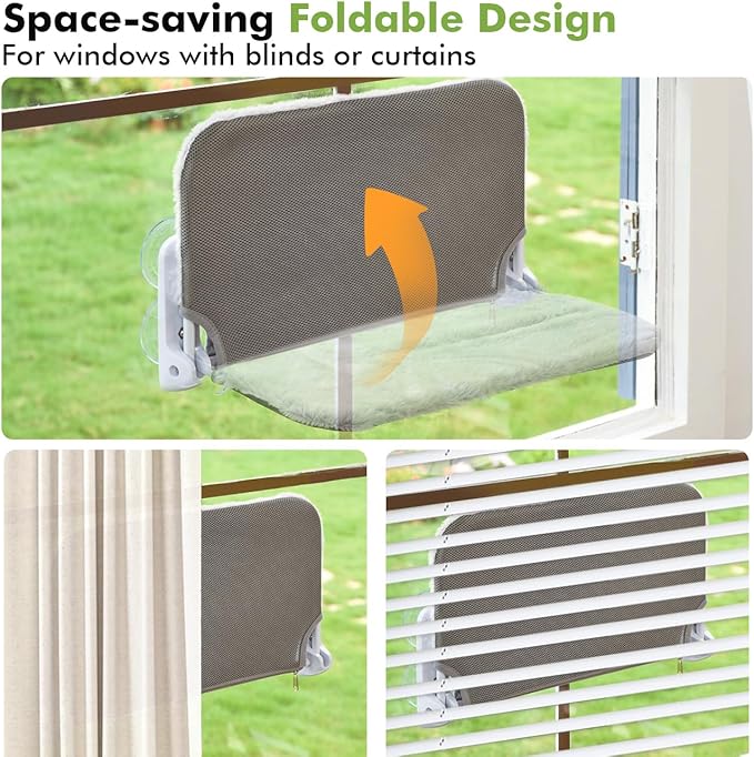 2PC Cat Window Perch Cordless Foldable Cat Hammock Bed for Window with Metal Frame and Reversible Cover, Large Suction Cups Window Resting Seat for Indoor Cats (Cat Bed, L-2PC)