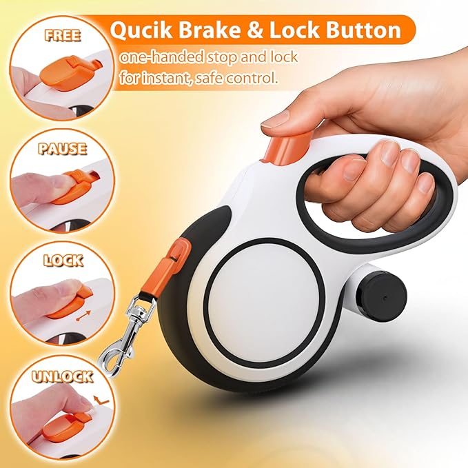 26ft Retractable Dog Leash with Poop Bag Dispenser - Upgraded Lock System, Non-Slip Grip, Tangle-Free Design for Large & Medium Dogs - Perfect for Walking, Running, and Outdoor Training (White)