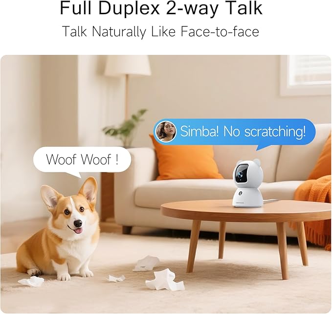 Security Camera Indoor, 2.5K Pet/Dog Camera with Speaker/Phone App, PTZ WiFi Baby Monitor Cameras for Home Security, 0-Glow Night Vision 2-Way Talk, AI Tracking Facial Recognition Time Lapse