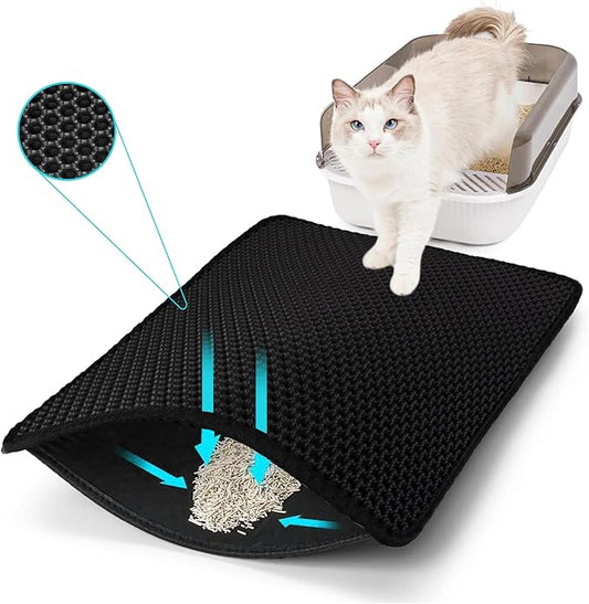 Cat Litter Mat, Kitty Litter Collector, Double Layered Honeycomb Design Waterproof, Anti Urine, Anti Slip, Easy to Clean, Limit Garbage (26"x46.5", Black)