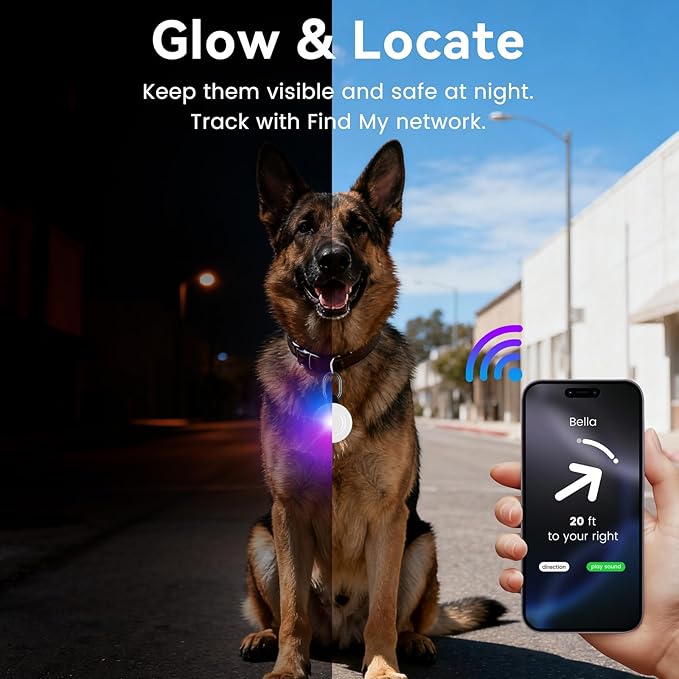 2-in-1 GPS Tracker & Dog Light - Smart Tracking Pet LED Light for iOS Only - Rechargeable IP68 Waterproof Dog Collar Light with 6 Modes for Night Walking - Works with Apple Find My, No Subscription