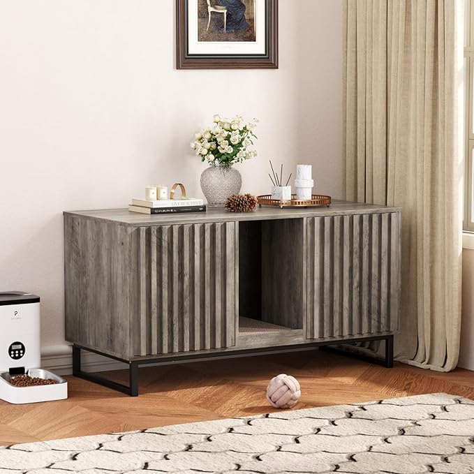 Double Litter Box Enclosure,Modern Cat Litter Box Enclosure for 2 Cats, Hidden Litter Box with Scratch Pad, Cat Washroom Pet House End Table, Entryway Bench for Livingroom (Gray)