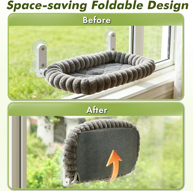 Cat Window Perch with Bolster, Cordless Foldable Cat Window Hammock with Strong Suction Cups & Metal Frame, Machine Washable Pet Bed for Indoor Cats (Gray, Medium)