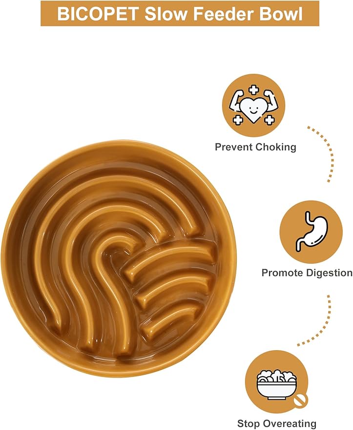 Ceramic Maze Dog Slow Feeder with Non-Slip Silicone Rim – Heavy-Duty Stoneware Bowl with Puzzle Pattern for Bloating & Obesity Prevention (Orange-M)