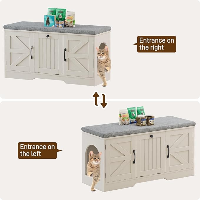 Vabches Flip Top Cat Litter Box Furniture with Storage, Cat Box Litter Enclosure with Cushion, Farmhouse Indoor Cat House with 3 Doors, Pet Washroom Hidden Litter Box, White