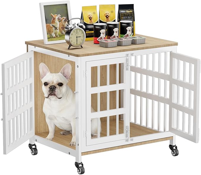 27" Dog Crate Furniture for Small Dogs, Heavy Duty Dog Cage for Small & Medium Dogs with Wheels, Indoor Puppy Crate, 26.6"L x 20.9"W x 23.8"H, Decorate House as TV Stand, End Table — Natural and White