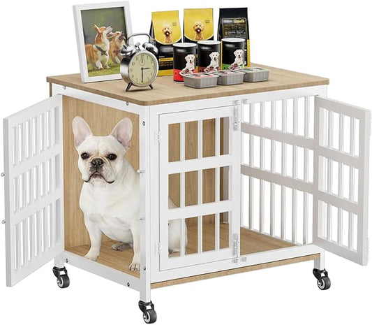 27" Dog Crate Furniture for Small Dogs, Heavy Duty Dog Cage for Small & Medium Dogs with Wheels, Indoor Puppy Crate, 26.6"L x 20.9"W x 23.8"H, Decorate House as TV Stand, End Table — Natural and White