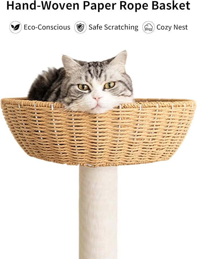 Wood Cat Tree for Large Cat, 57-Inch Tall Cat Tower with Scratching Post for Indoor Cats, Multi-Level Cat Condo with Hand-Woven Cat Bed and Hammock Acrylic Bowl Easy to Clean (DC888)