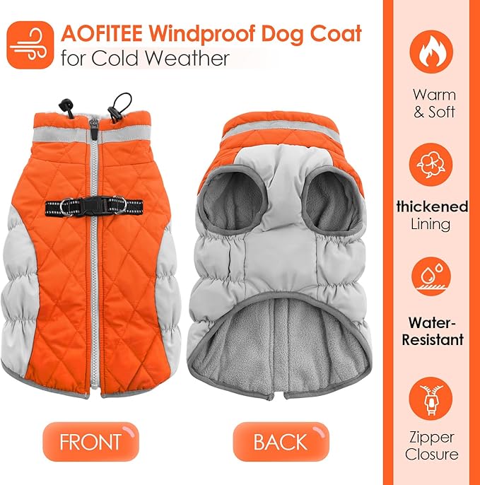 AOFITEE Dog Coat, Warm Dog Winter Coat for Small Dogs, Reflective Turtleneck Dogs Jacket with Harness Built in, Waterproof Windproof Pet Fleece Vest Snow Jacket for Cold Weather, Orange S
