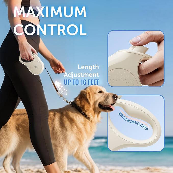 TUG Quest Retractable Dog Leash | 360° Tangle-Free Retraction | 16 ft Strong Nylon Tape (Large, Cream)
