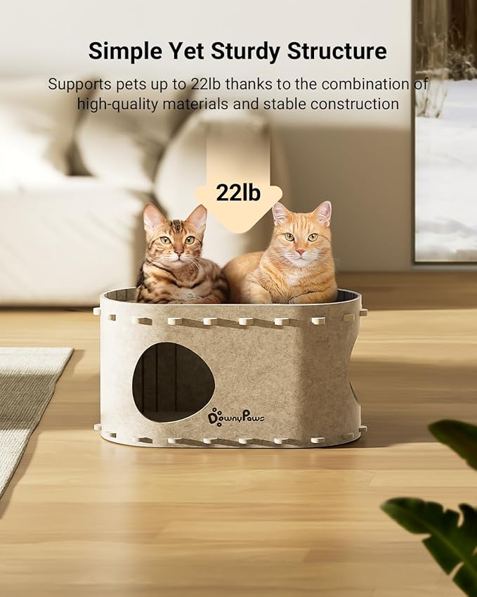 DownyPaws Cat House for Indoor Cats, Cat Bed Cave for Multiple & Large Cats Up to 22 Lbs, Scratch Resistant, Foldable Peekaboo Kitten Caves Tunnel Enclosed Bed, PeekaPurr, Cream
