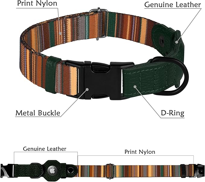 AirTag Dog Collar with Metal Buckle - Printed Nylon Soft Leather Dog Collar with Apple AirTag Holder - Secure Tracking GPS Pet Collars for Girl Boy Small Large Dogs (XS, 9"-12" Neck Fit, Striped)