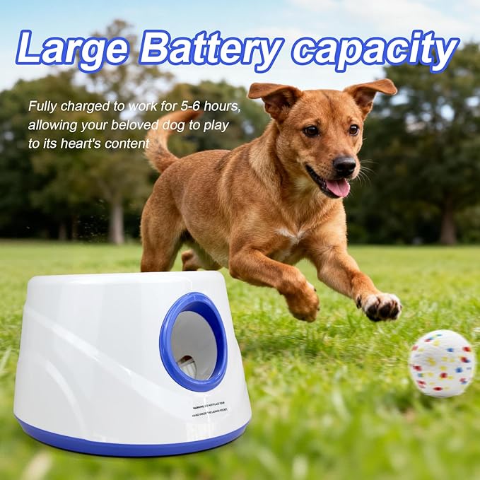 Automatic Dog Ball Launcher with 6 ETPU Balls, Adjustable Distance 20-45ft, USB Rechargeable, Interactive Pet Toy (Blue)