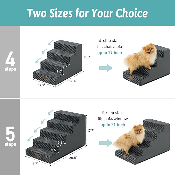 Dog Stairs for Small Dogs 17.7" H, 5-Step Gentle Incline Pet Step for Couch and Beds, Non-Slip Dog Ramp for Puppy Doggie Senior Cats, 17.7x29.5x17.7 Inch, Charcoal Grey