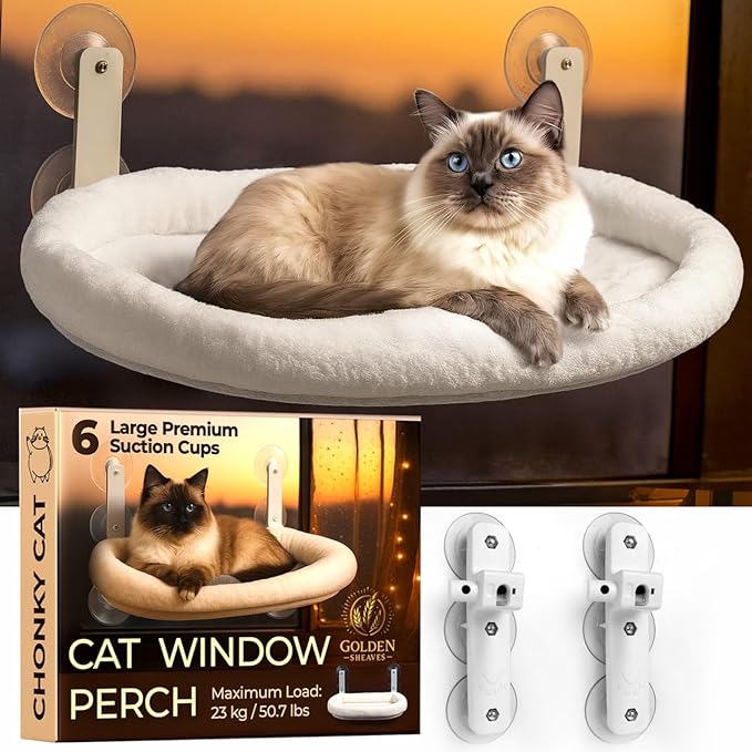 Cat Window Perch – Strong 6 Suction Cup Cat Hammock Bed That Holds up to 50 lbs with Washable Reversible Cover, Sturdy Metal Frame for Indoor, Window or Wall Mounted Perch (White)